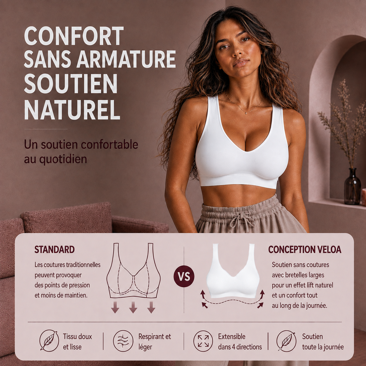Comparatif soutien-gorge classique à coutures et conception Véloa sans couture